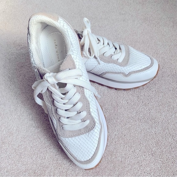 Zara White & Taupe Textured Athletic Running Sneakers - Picture 1 of 16